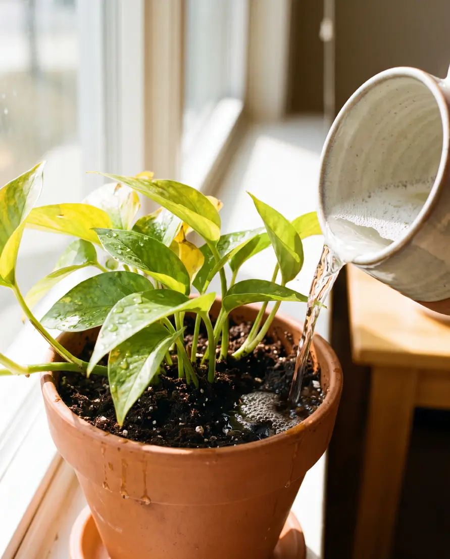 Plant being watered with Crux laundry water &mdash; eco-friendly and safe