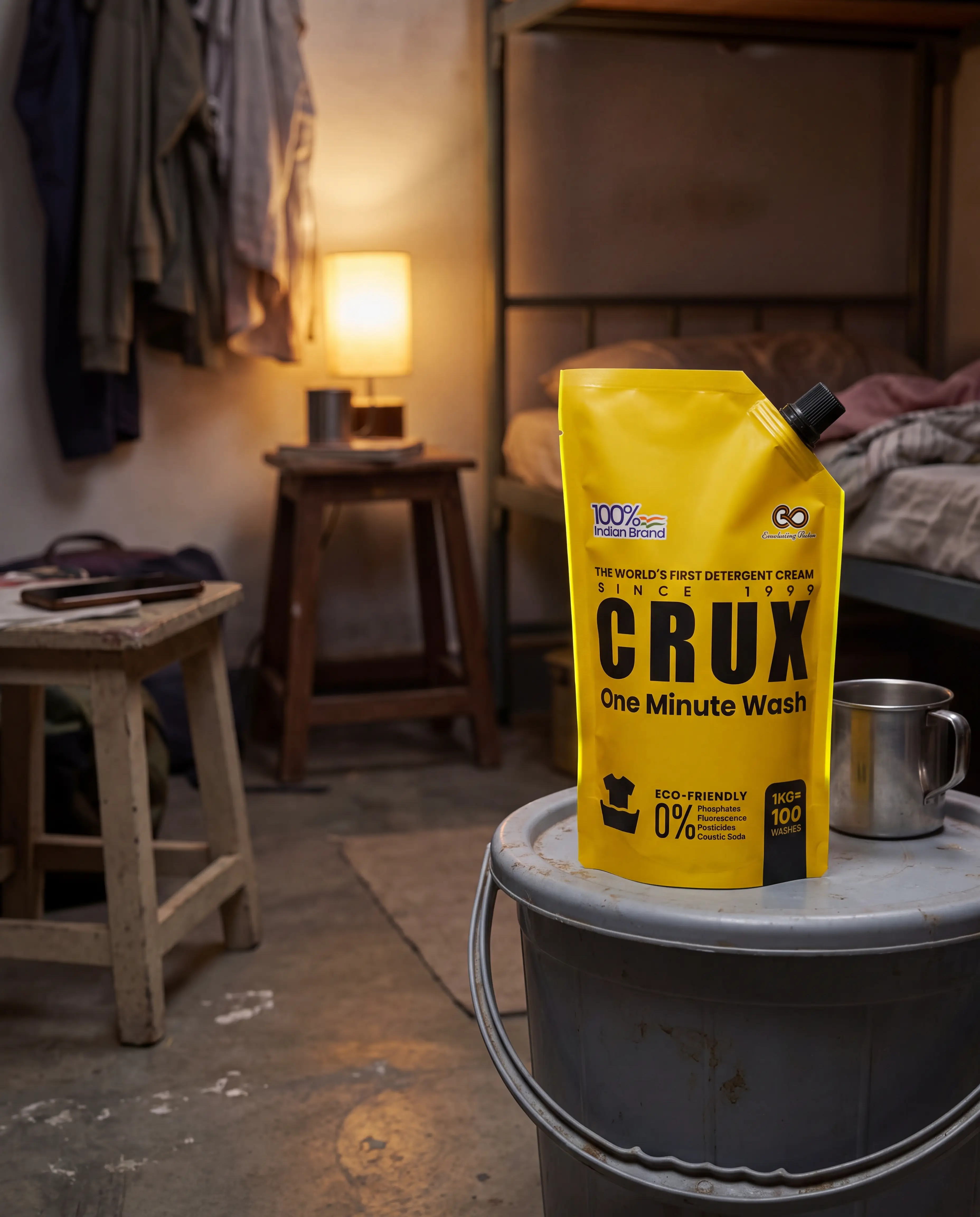 Student in hostel room using Crux for laundry